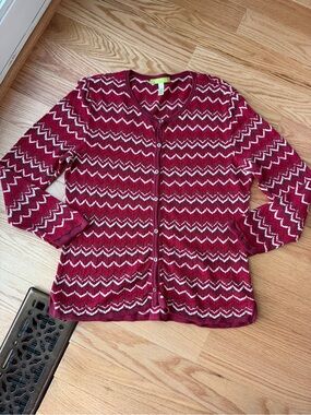Vintage Sigrid Olsen L Red Chevron Pointelle Knit Cardigan Missoni Inspired